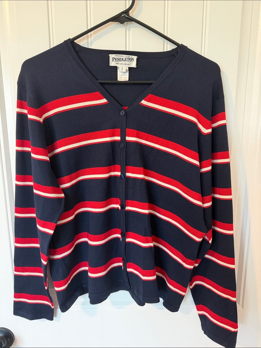Pendleton Navy V-Neck Button Stripe Cardigan with Red and White Bands